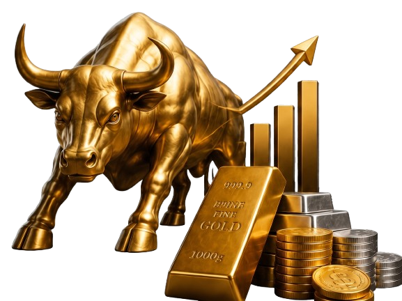 Gold bull with rising bar chart and gold bars
